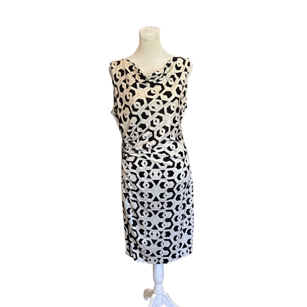 Diane von Furstenberg Size 12 silk dress. Cowl neck geometric print black white